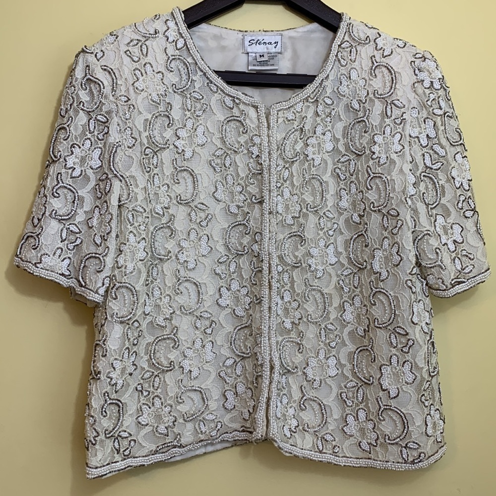 Stenay | Vintage Lace Beaded Lined Short Sleeve Hook Eye Closure Top Jacket M
